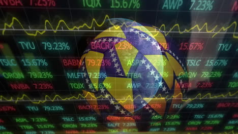 animation of fluctuating stock market data over brazilian flag globe in school
