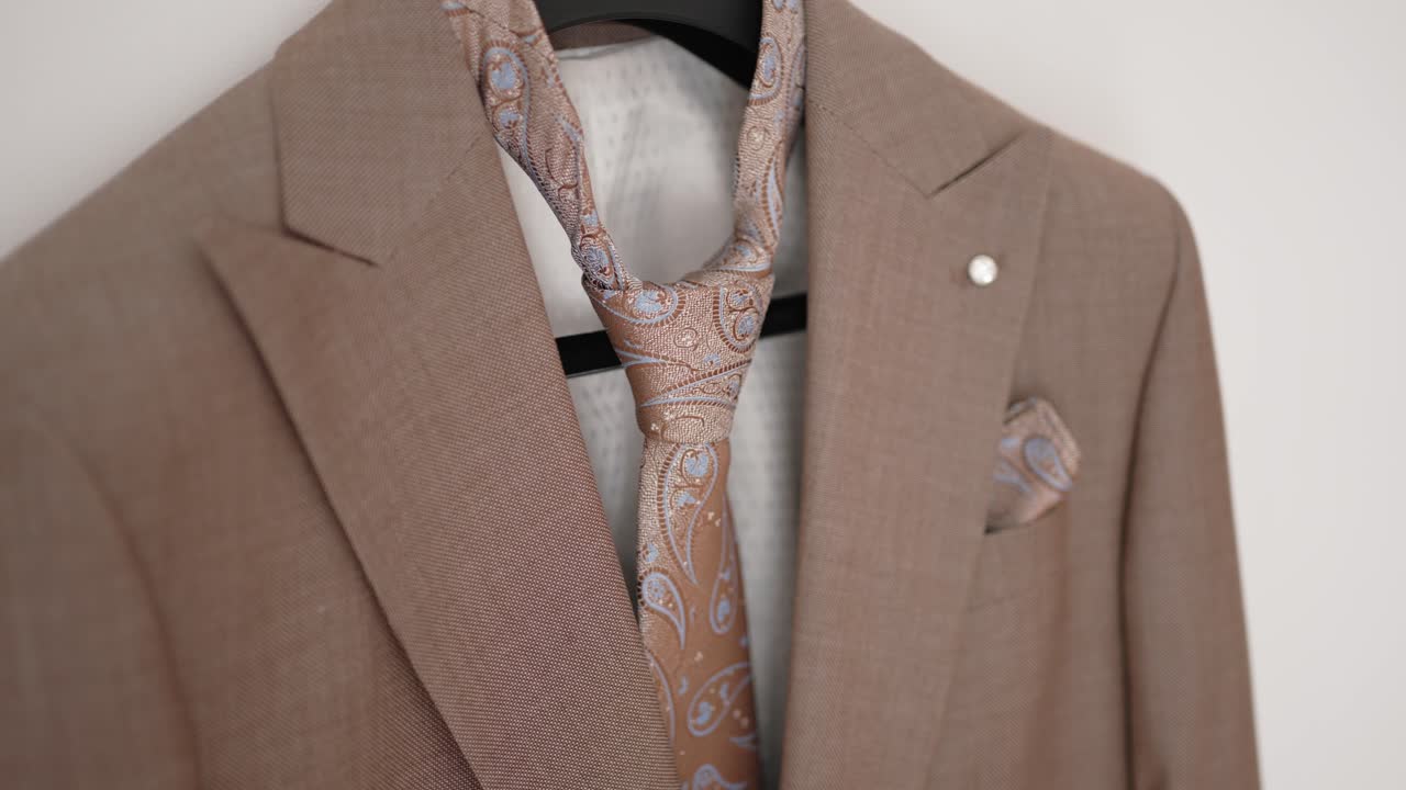 Close up of elegant beige suit with paisley tie and matching pocket square detail