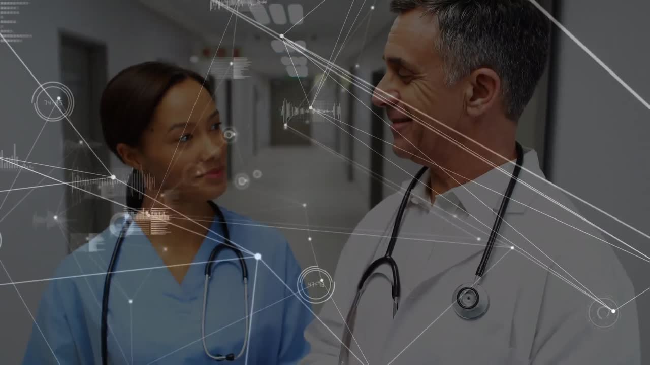 Animação de rede de conexões e processamento de dados sobre médicos diversos em hospital