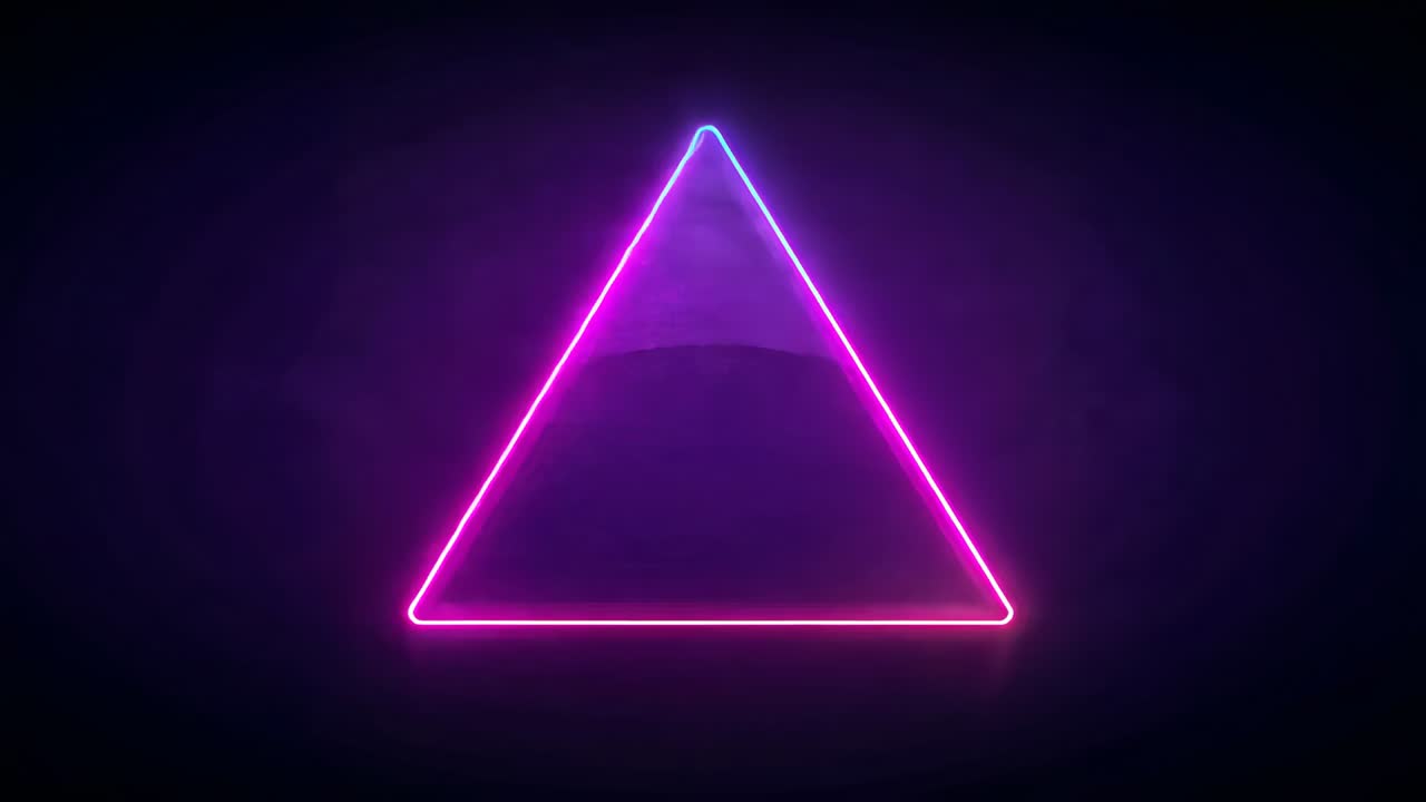 Moving camera revealing nested neon triangles receding into tunnel at stage, with floor reflections