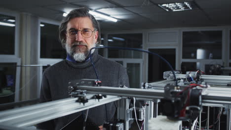 middle-aged bearded engineer in a workshop with industrial equipment