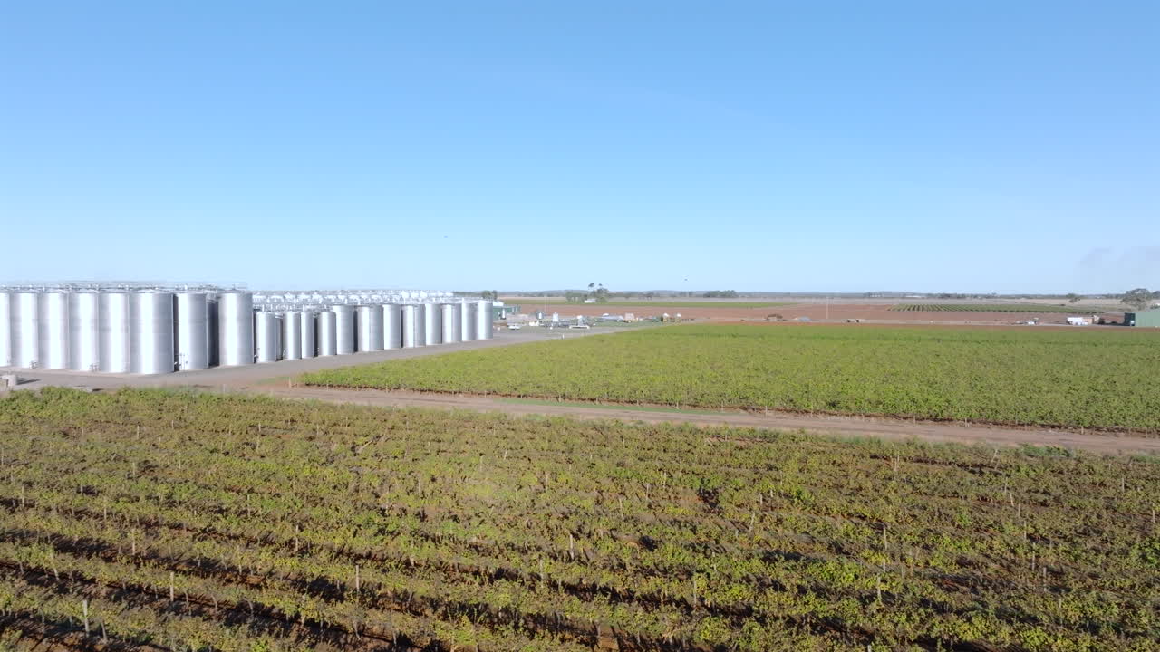 Aerial: Drone shot flying over vineyards towards large fermentation tanks in Griffith, NSW, Australia