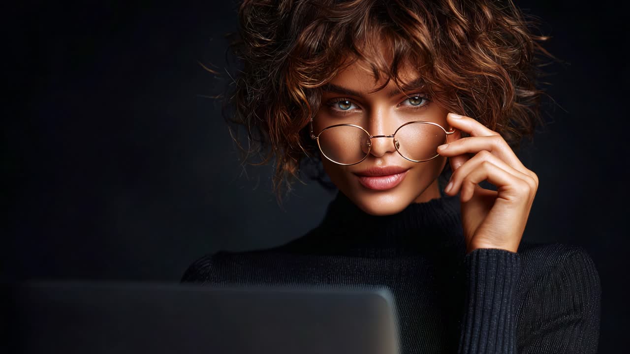 En fængslende kvinde med krøllet hår og briller sidder fordybet og kigger på en bærbar computer, som udstråler fokus, intelligens og moderne stil i en mørk og sofistikeret setting