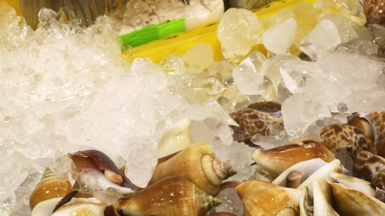 Fresh seafood and fish on ice at a market
