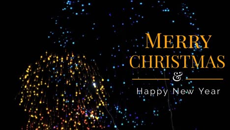 Animation-of-merry-christmas-and-happy-new-year-and-fireworks-over-black-background