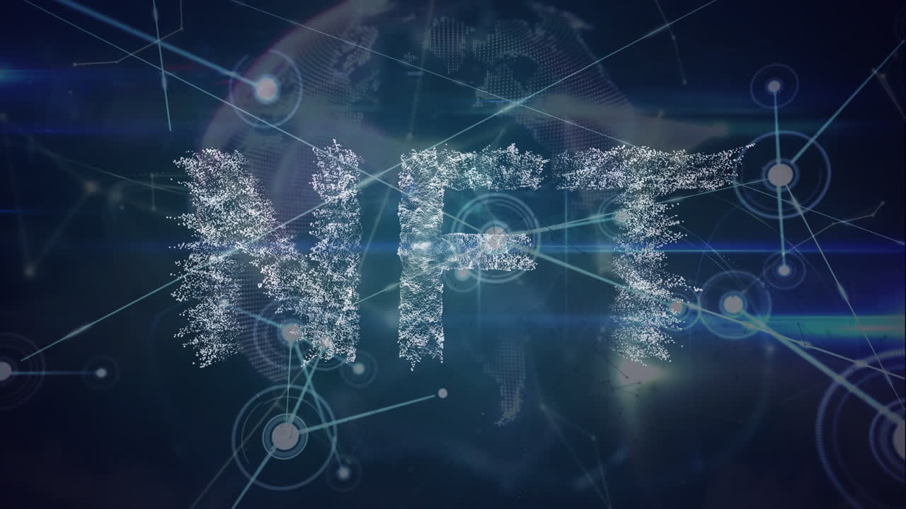 검은색 배경에 nft 텍스트와 글로브를 통해 연결 네트워크의 애니메이션