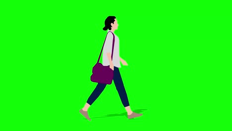 walking woman ( with bag ) cartoon animation. loop animation ( 4k video ).  green background for background transparent use.