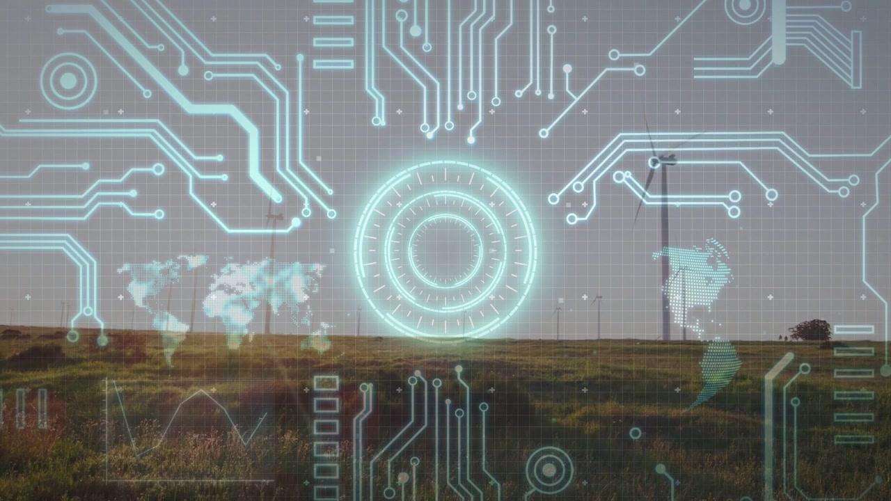 Holographic overlay appearing over turbines, via sensors, showing ring, globe and renewable graphs