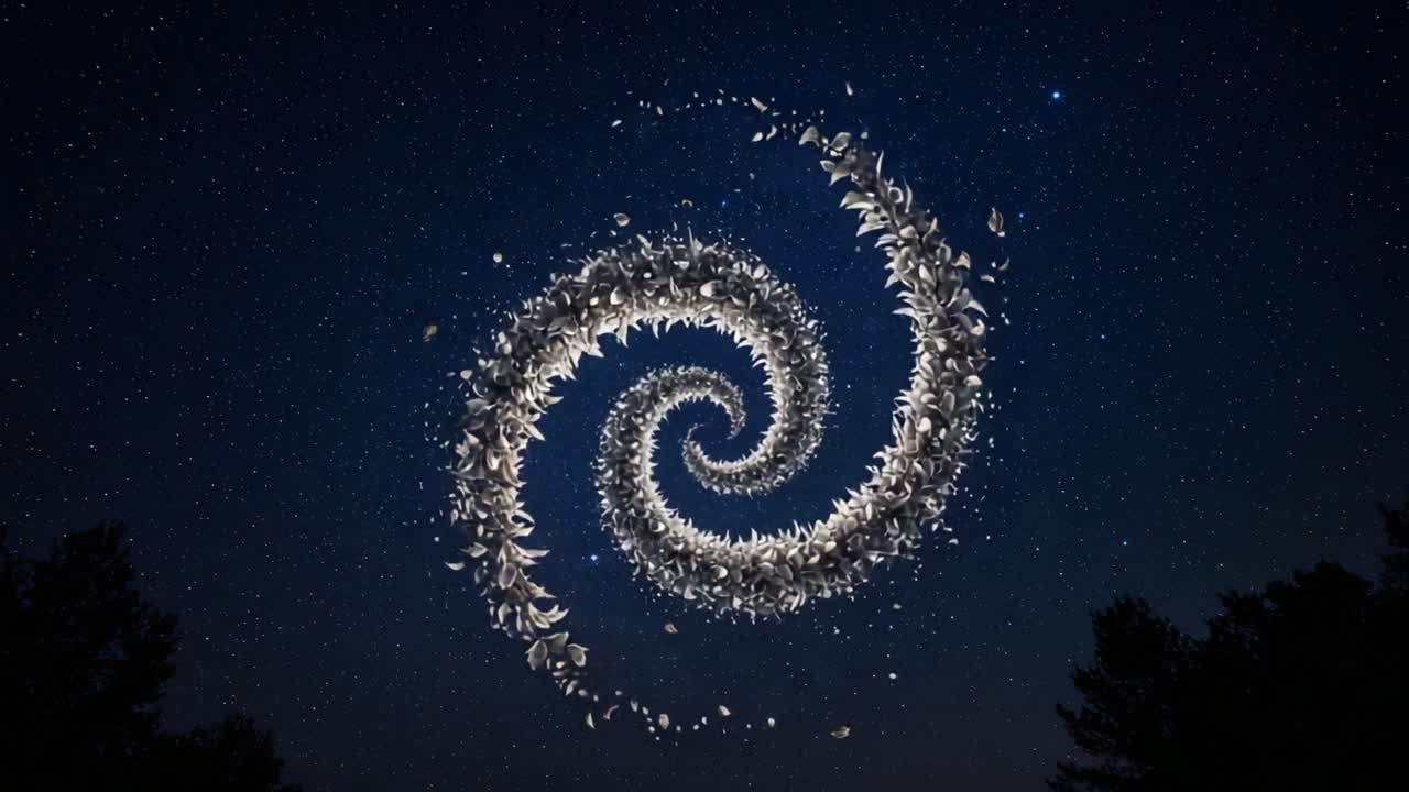 A Stunning Cosmic Spiral of Leaves: An Ethereal Dance in the Night Sky Captured in Two Enchanting Frames