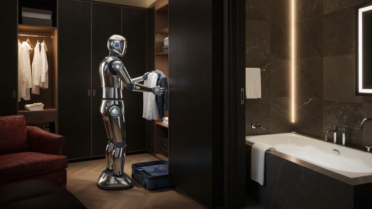 A Futuristic Robotic Assistant Organizes Clothes in a Luxurious Hotel Room, Showcasing Advanced Technology and Design in Modern Hospitality Settings