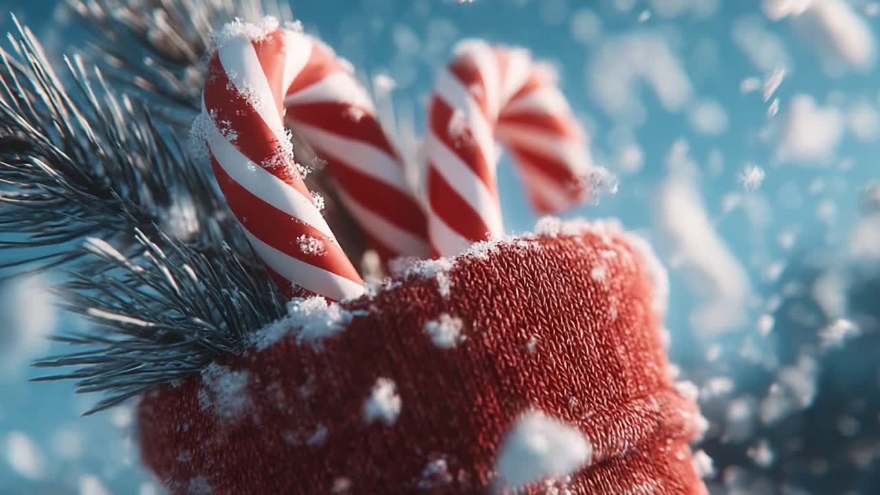 A Festive Holiday Scene Featuring Candy Canes and Evergreen Sprigs in a Cozy Stocking Surrounded by a Gentle Snowfall, Capturing the Essence of Winter Celebrations