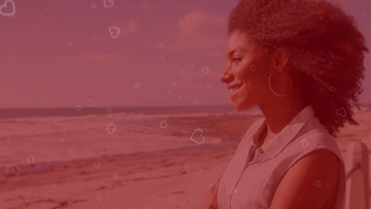 Woman on beach railing playback starting heart drifting across face turning smiling for marketing