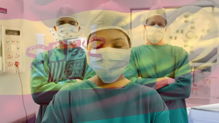 Animation of flag of spain waving over surgeons in operating theatre