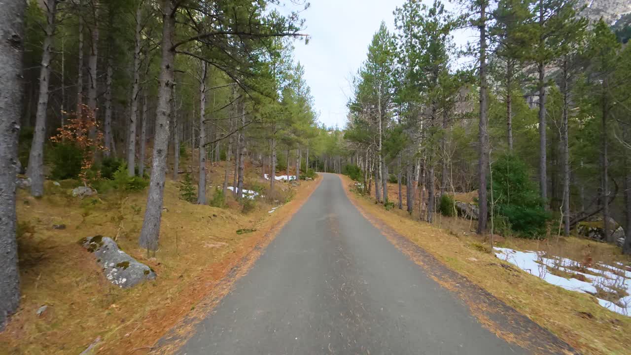 Road trip going up the mountain in the Pyrenees in Catalonia camera located in front of the car forest national park