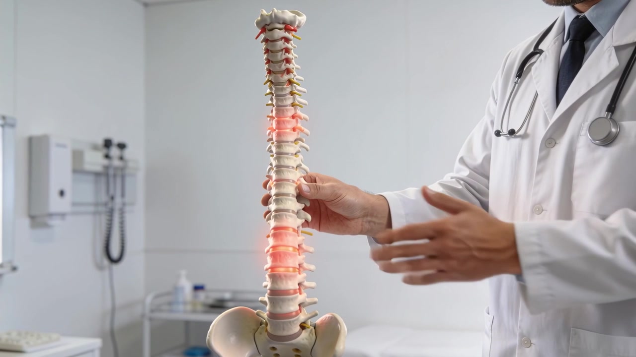 Medico con camice bianco che posiziona e regola un modello di colonna vertebrale in verticale in clinica, mostrando i dischi rossi.