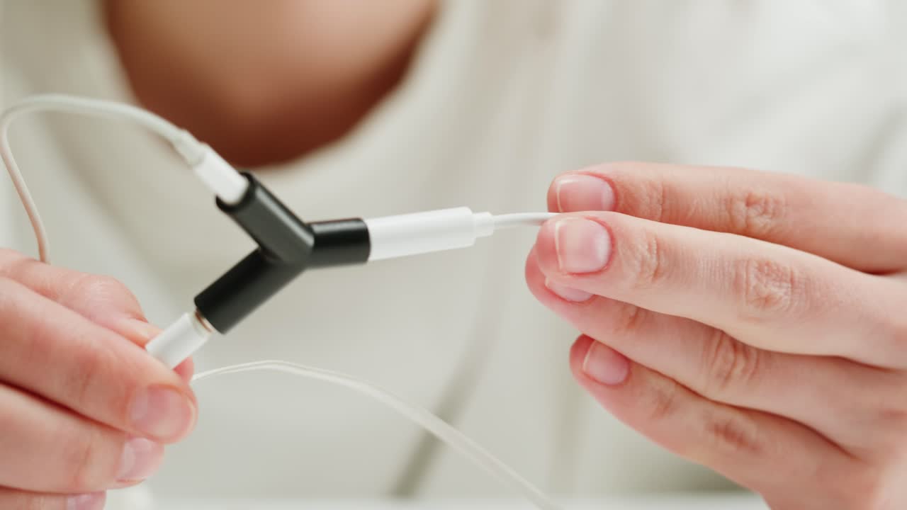 Using headphone for old music portable compact player close-up. Listen to music with vintage player.