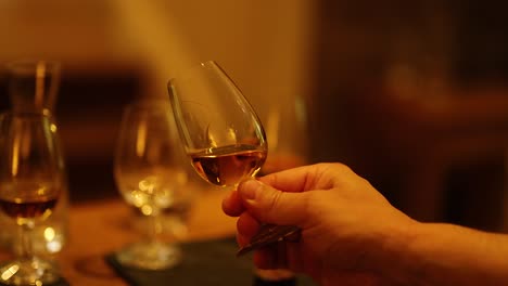 hand swirling whisky glass during tasting session