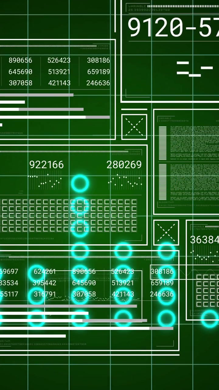 Animation of digital data processing on screens over grid