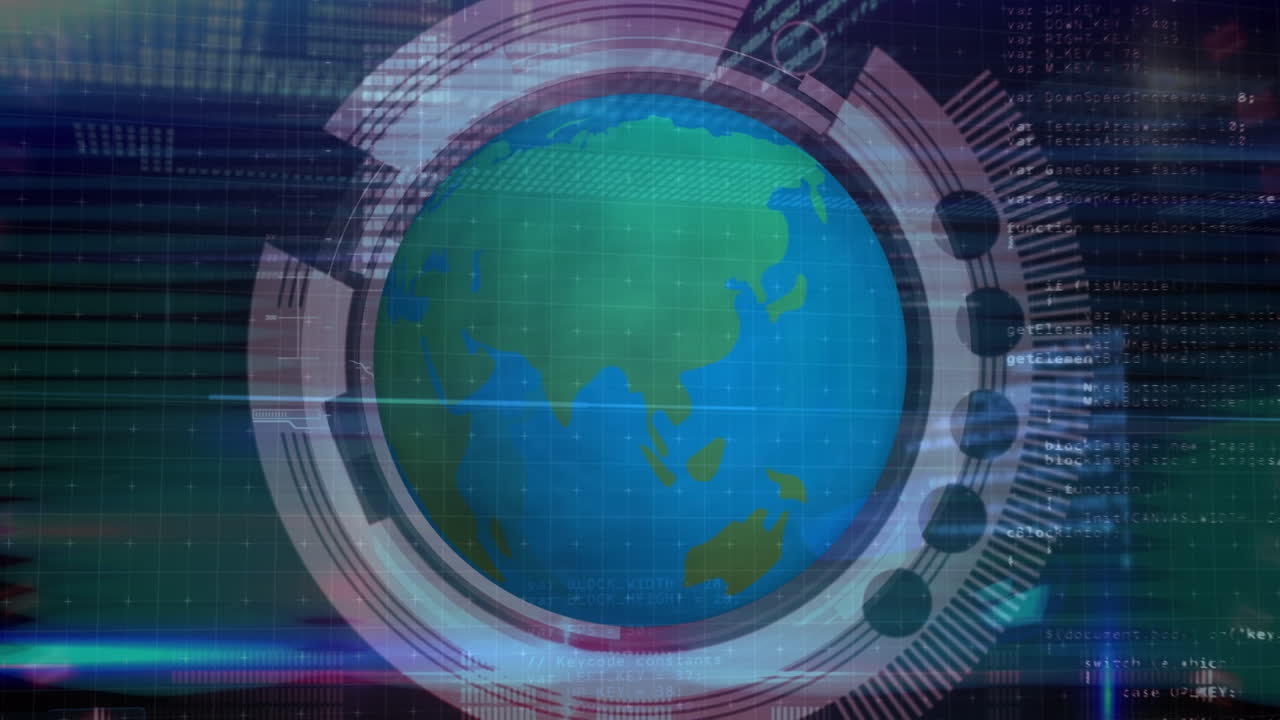 animación digital del escaneo del alcance sobre el globo giratorio contra el procesamiento de datos en fondo negro