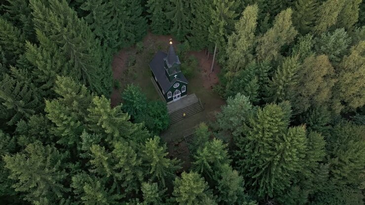 Veduta con drone di Tichackova Kaple incorniciata da imponenti alberi secolari