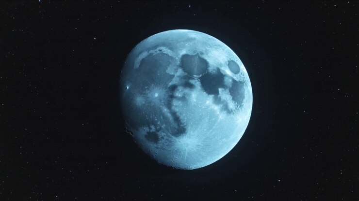 Imagens mostrando Lua azulada quase cheia girando ligeiramente e clareando no espaço com estrelas tênues