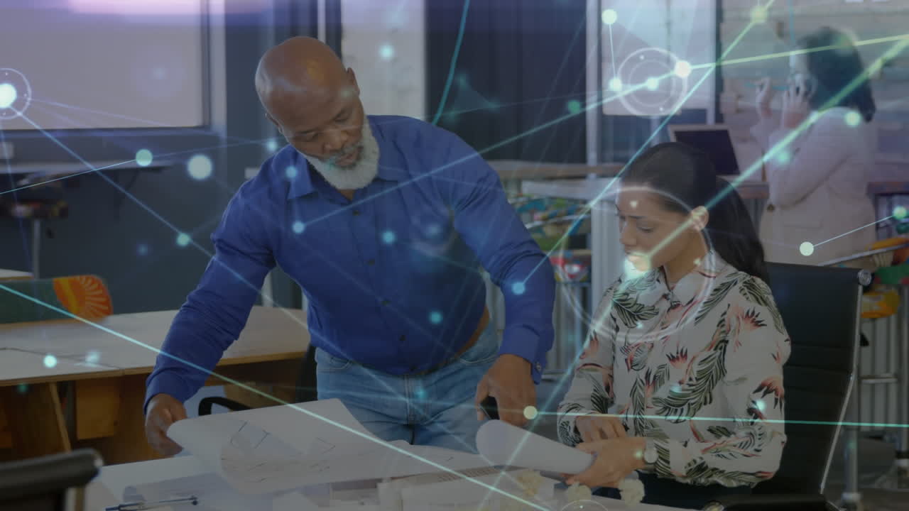 Animation of networks of connections over diverse business people talking in office