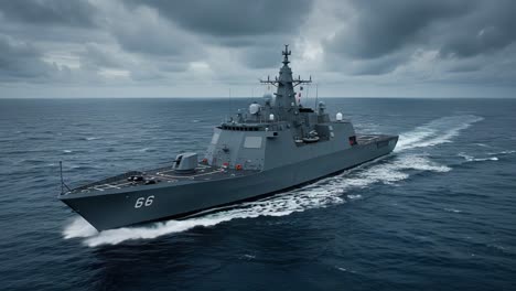 a formidable navy ship navigating through turbulent seas under overcast skies, showcasing advanced maritime engineering and tactical capabilities on the open ocean
