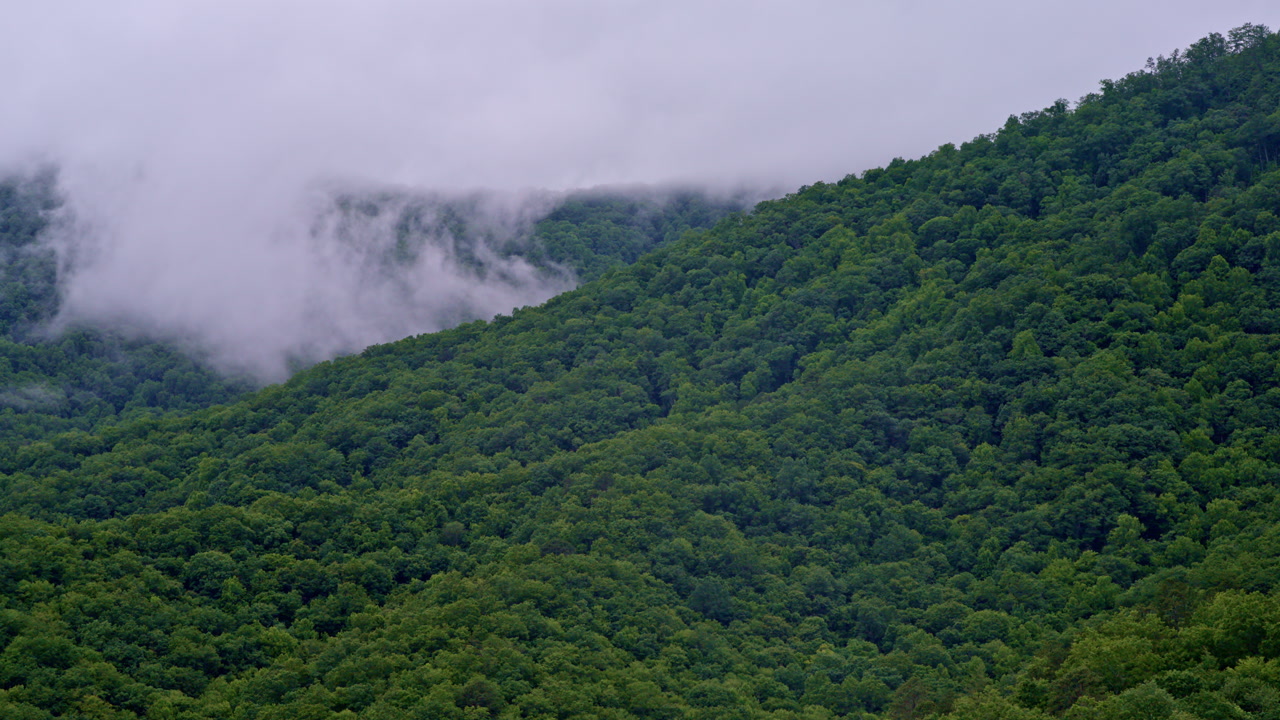 Ethereal aerial drone drifting across fog-wrapped mountains.