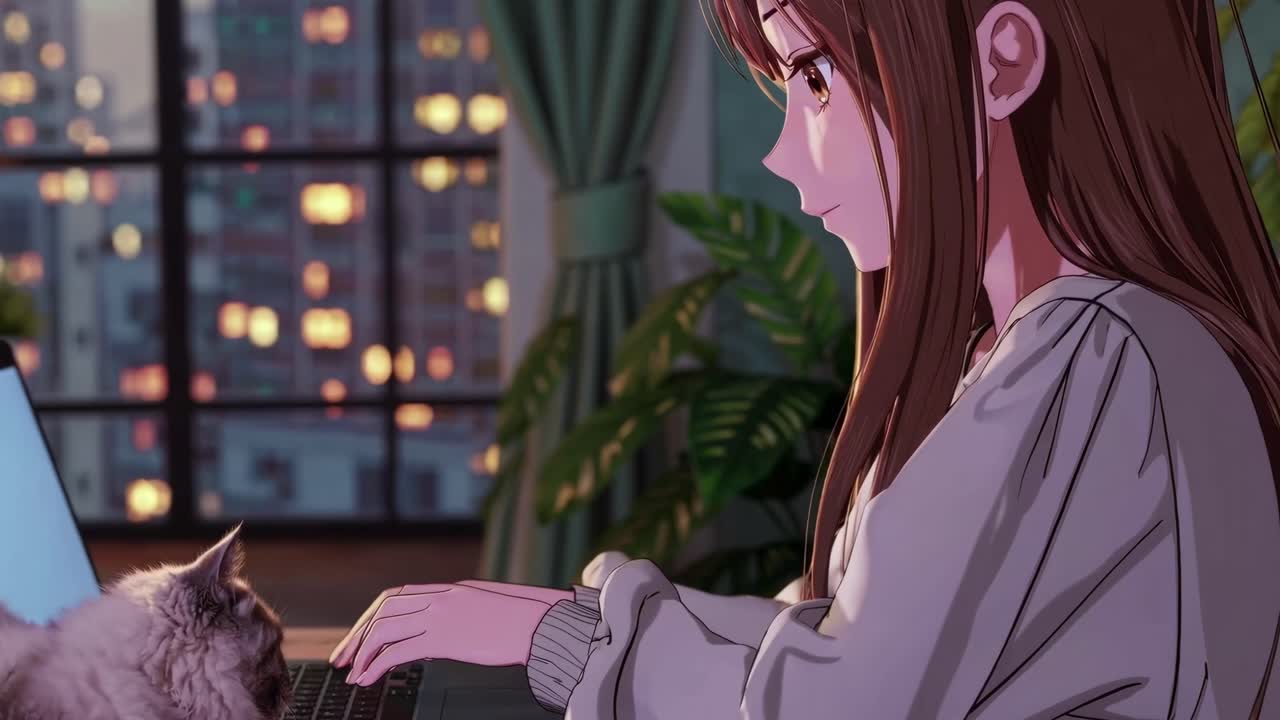 Scena in stile anime di una ragazza che usa un laptop con un gatto, angolazione laterale