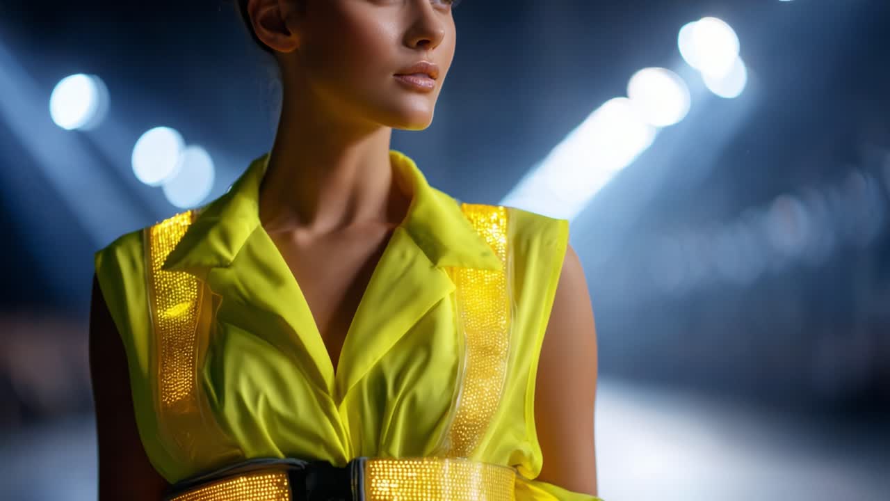 Sikker model fremviser lys gul sikkerhedsvest i en avanceret modekontekst med dramatisk belysning og moderne æstetik, der udstråler styrke og stil elegant