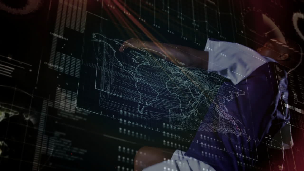 World map and data processing animation over person analyzing digital screen
