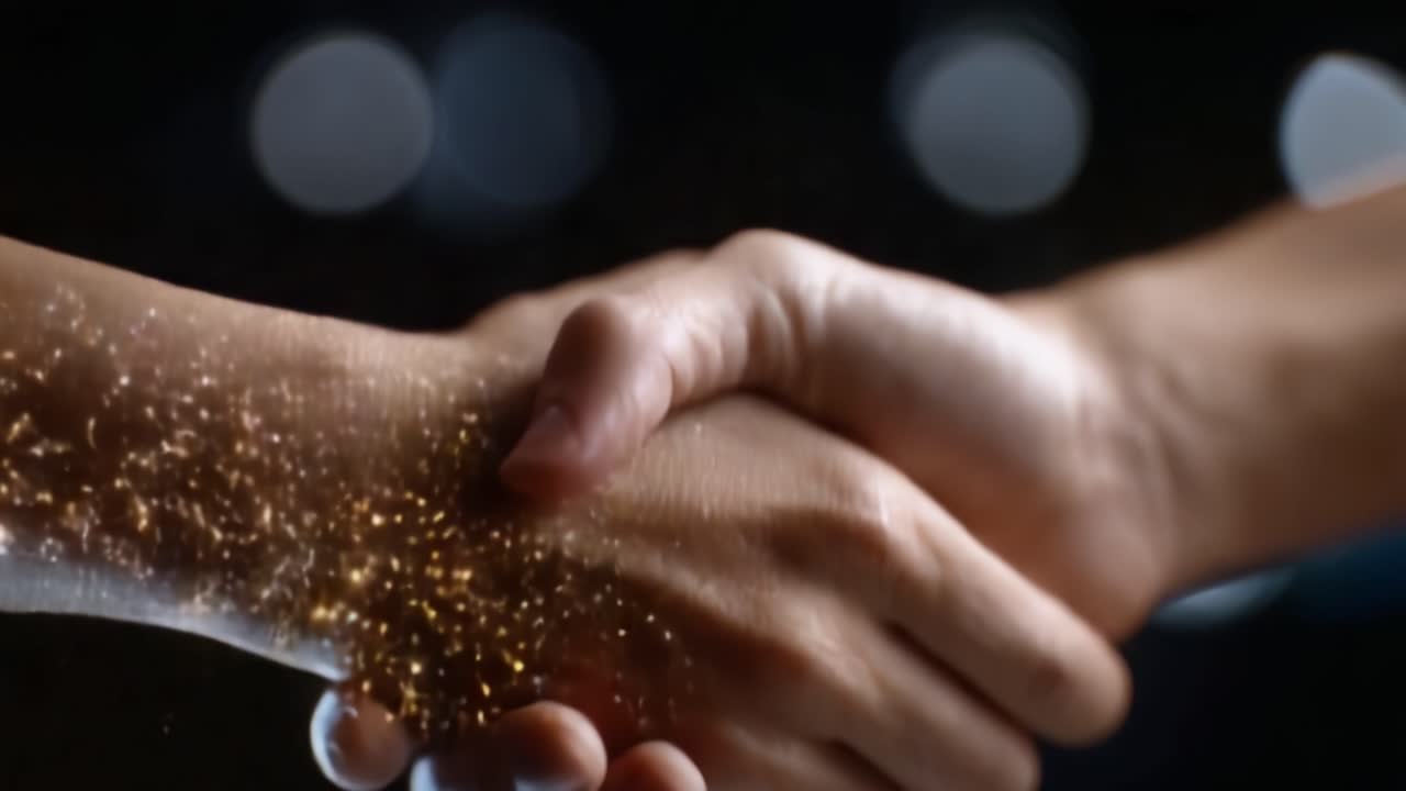 Una stretta di mano simbolica scintilla di magia, a rappresentare l'unità e la connessione tra due persone in una straordinaria dimostrazione di unione e fiducia