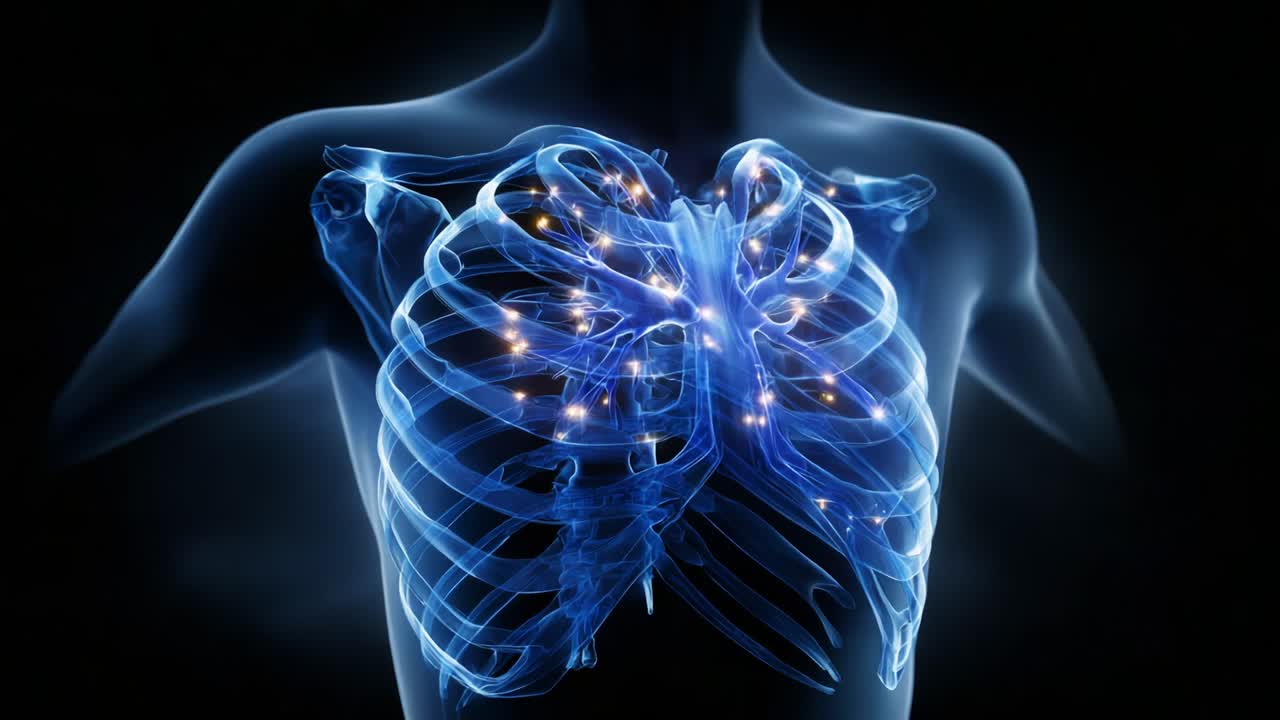 A Stunning Visual Representation of the Human Skeletal System: An X-ray Inspired Artistic Rendering of the Rib Cage and Lungs with a Mesmerizing Glow Highlighting the Intricacies of Human Anatomy