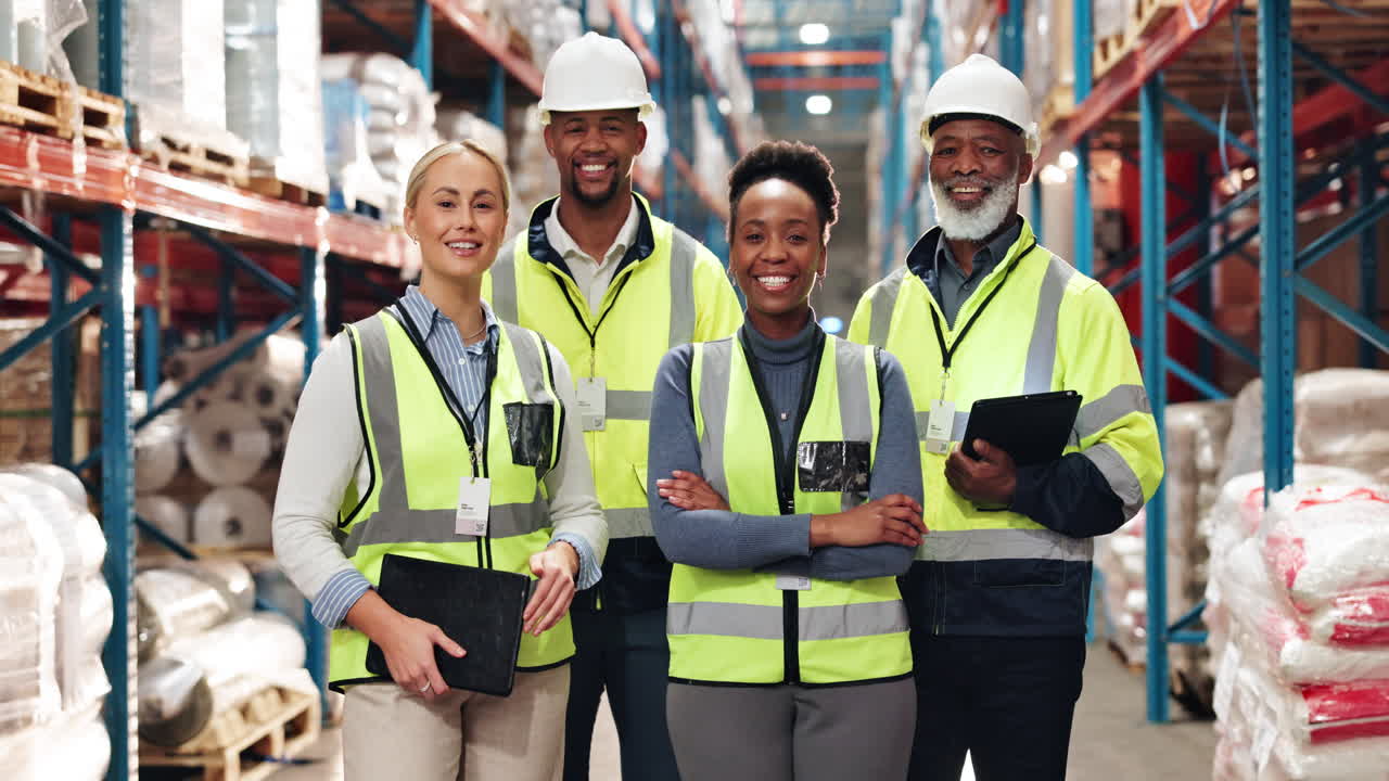 Diverse team of warehouse workers in safety gear