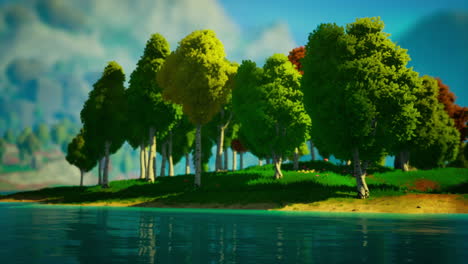 paisaje de bosque verde de dibujos animados con árboles y lago