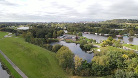 River-Trent-with-boats-moored-on-river-bank-near-Nottingham-aerial-view