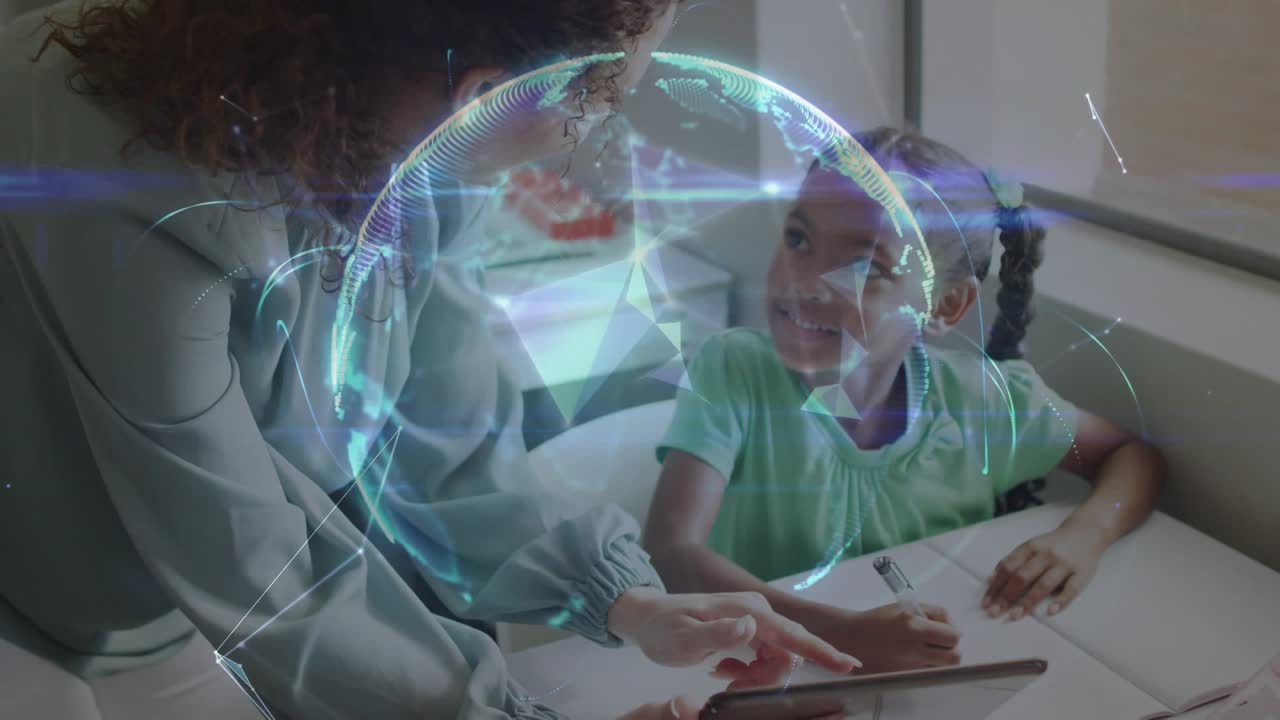 Mother guiding daughter through writing by tapping tablet and generating 3D globe for learning