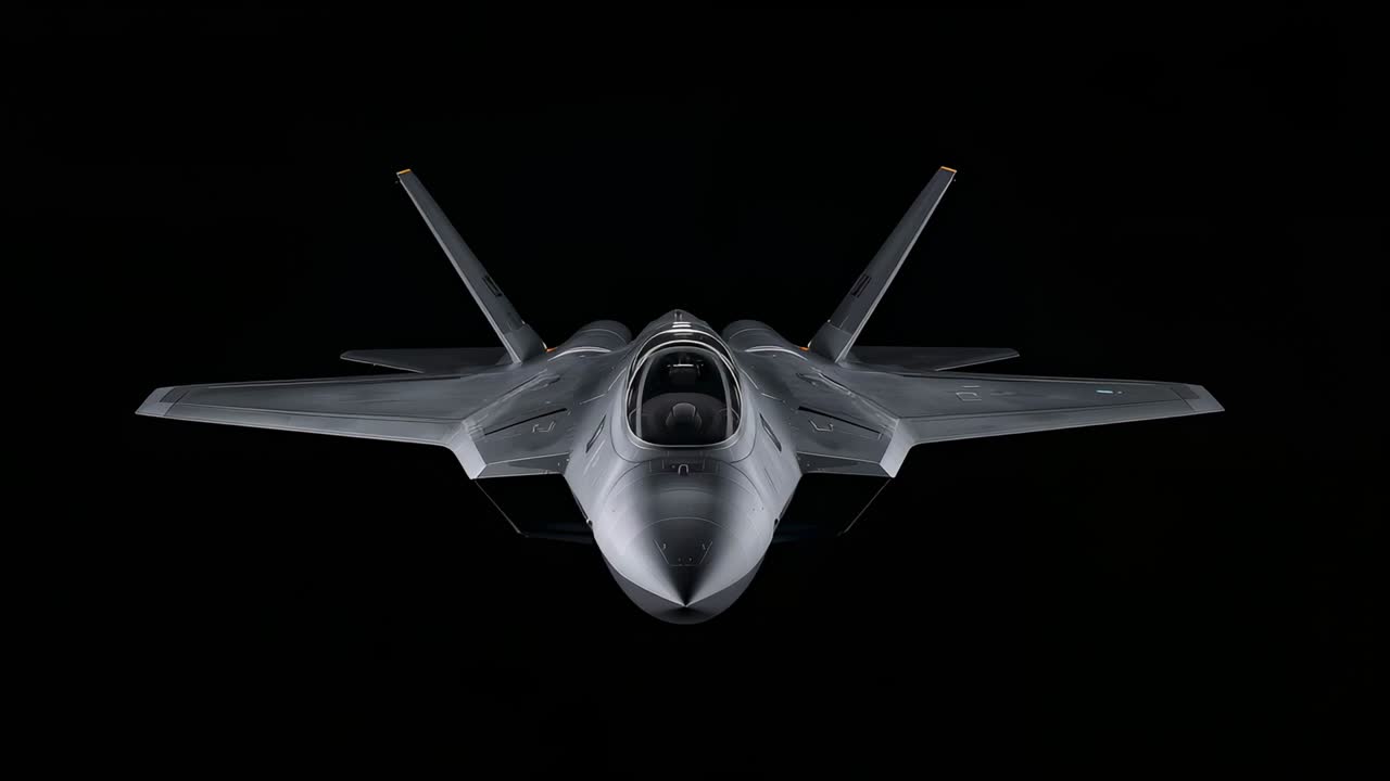Displaying F-22 Raptor stealth fighter jet holding still in black studio, with lit contours