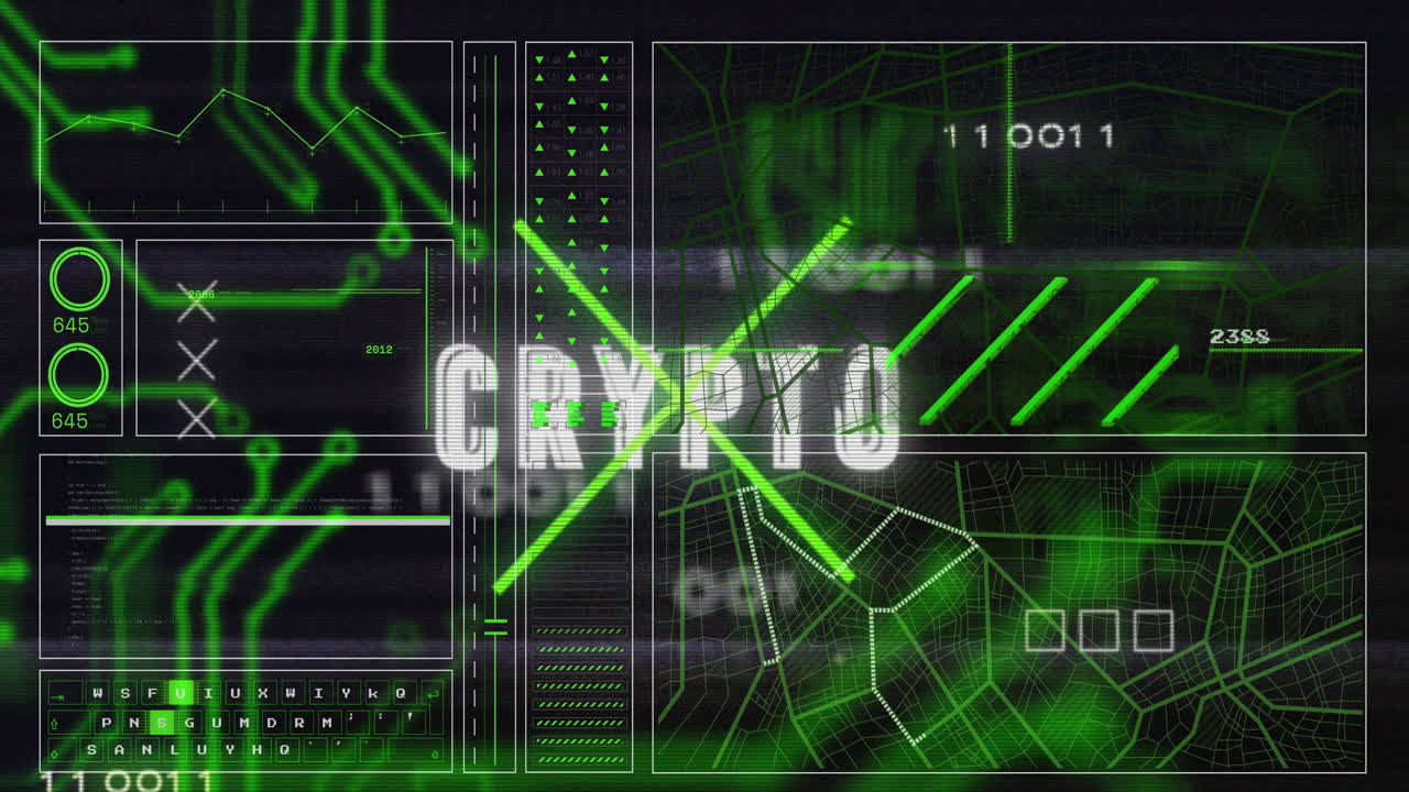 animación de banner de texto criptográfico sobre la interfaz con procesamiento de datos contra fondo negro