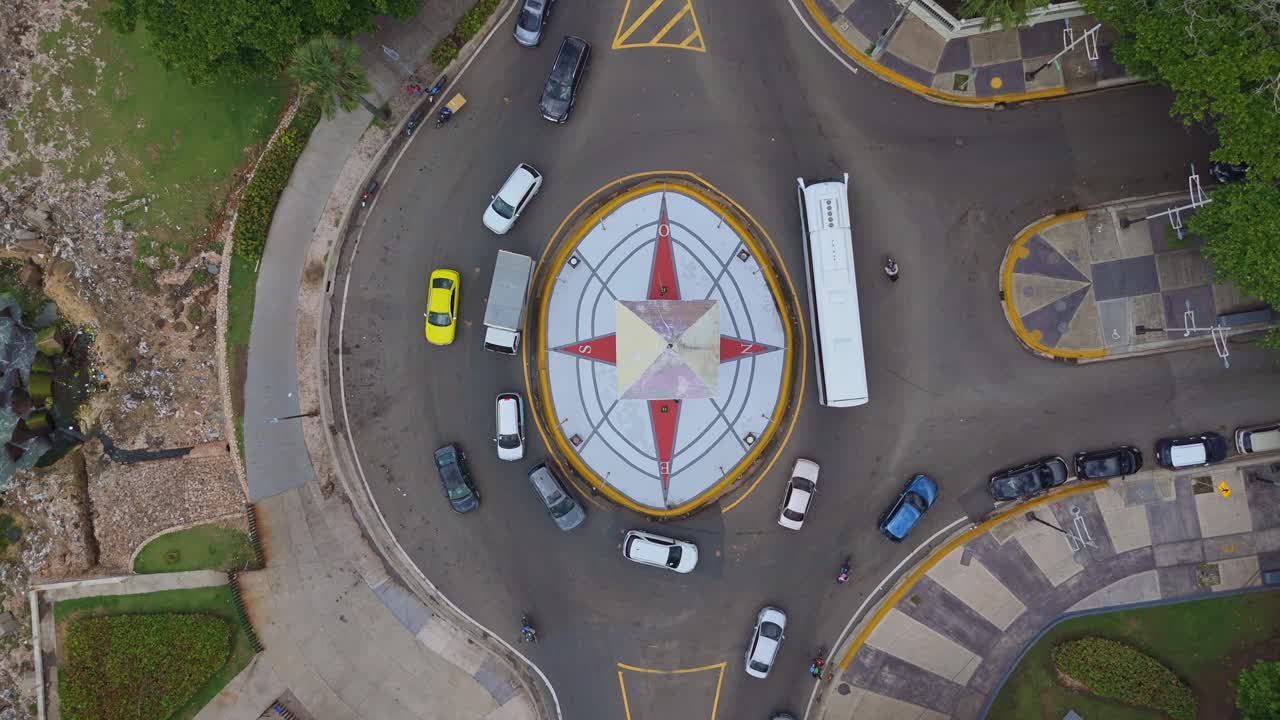 Top-down drone aerial view of Obelisk roundabout and traffic on George Washington Avenue, Santo Domingo.