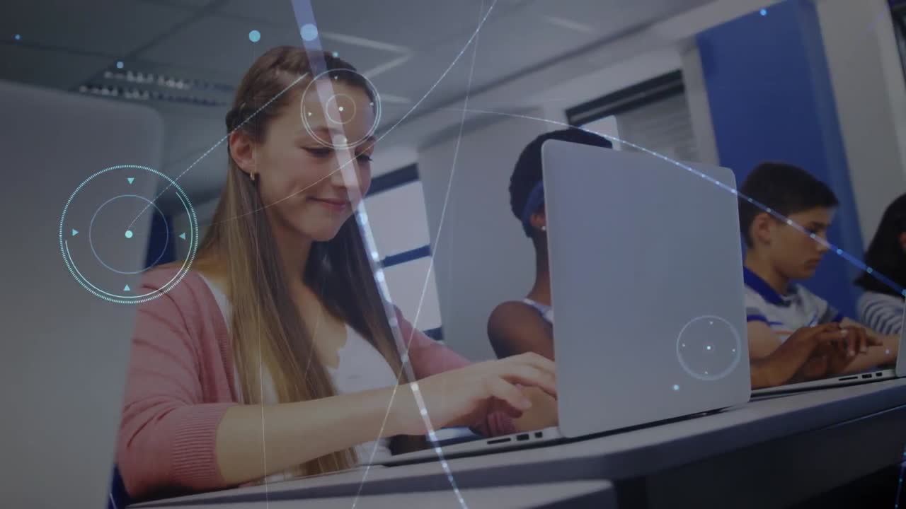 animación de conexiones sobre una chica blanca feliz usando una computadora portátil en la escuela