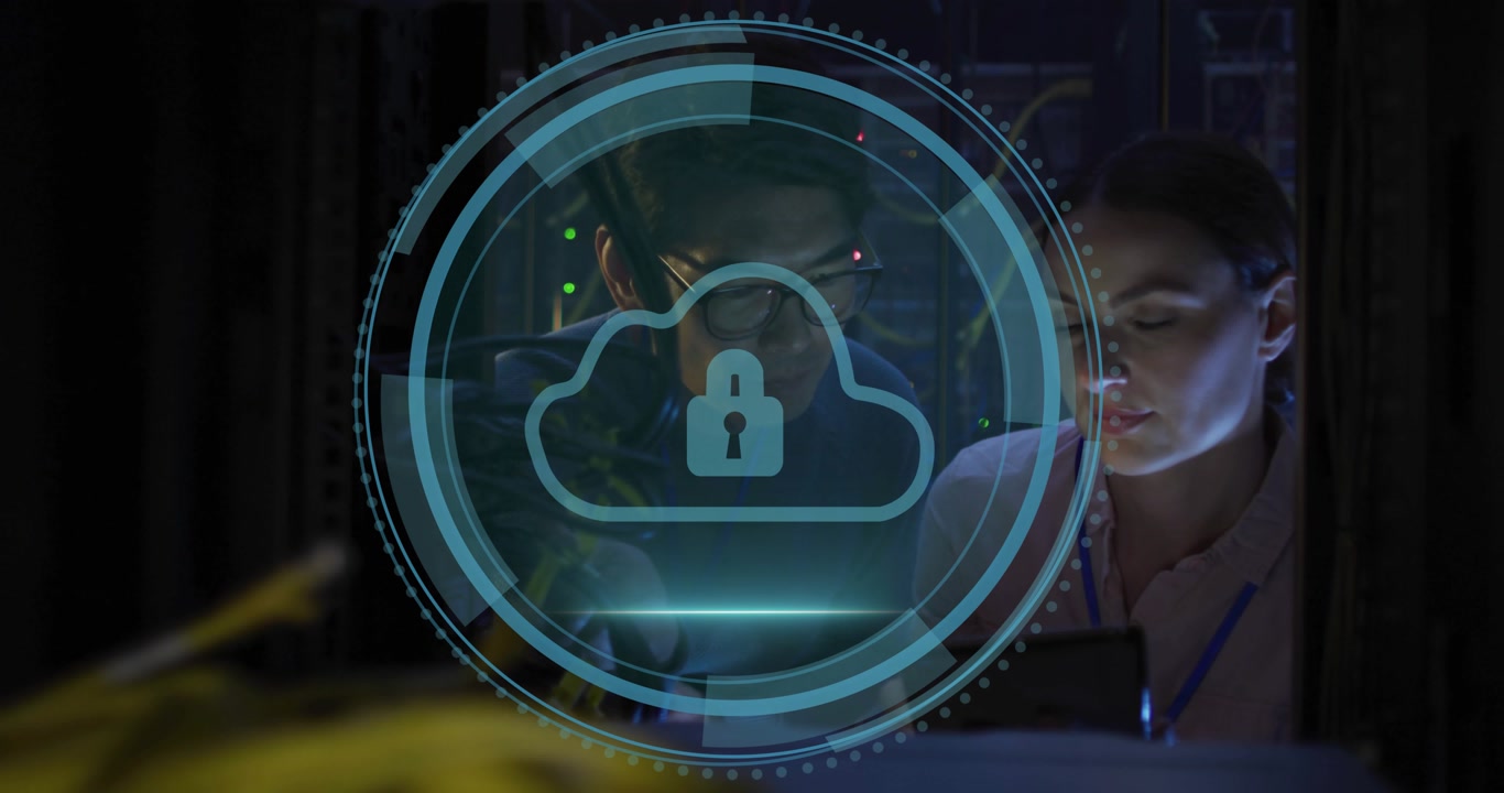 IT team activating cybersecurity HUD tapping tablet while scanning server racks for security