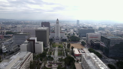 Aerial-View-of-Los-Angeles-City-Hall,-Grand-Park,-LA-Superior-Court,-Hall-of-Administration,-California-USA