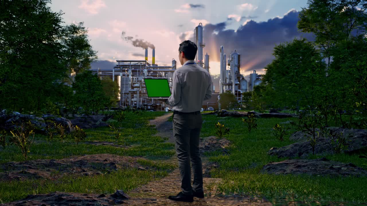 Full Body Back View Of An Asian Male Professional Worker Standing In Front Of Oil Refinery, Typing On Laptop'S Keyboard With Green Screen And Look At The Factory Once