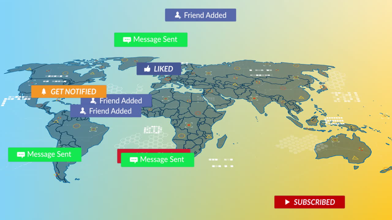 World map with social media notifications and interactions overlay animation
