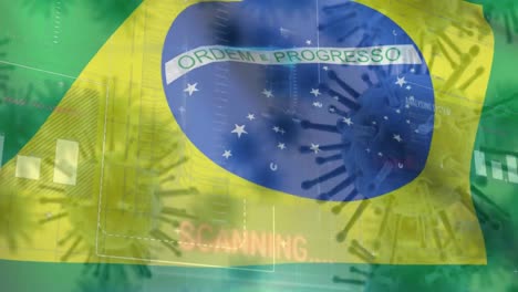 Makro-Corona-Virus-Breitet-Sich-Aus,-Im-Hintergrund-Weht-Die-Brasilianische-Flagge