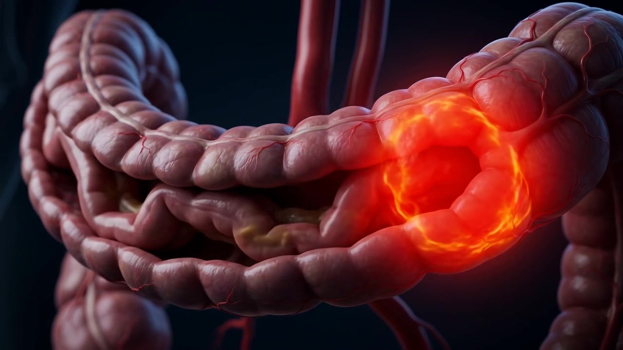 Close-up 3D visualization of the human transverse colon with a fiery orange glowing inflamed ring segment highlighting intense large intestine pain