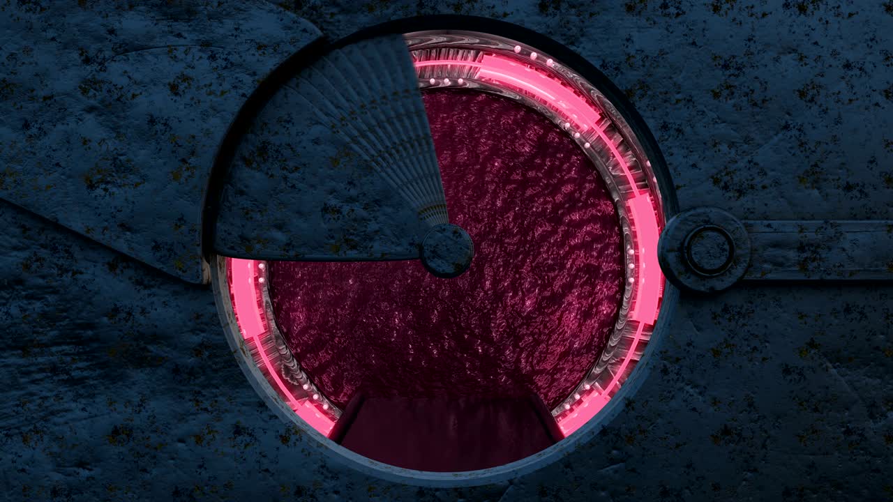 Jernrusten luge åbner panoramaudsigt til rumskibslandskabet. 3D abstrakt baggrund af sci-fi korridor med portal. Futuristisk teknologi abstrakt VJ til teknologititler og baggrund