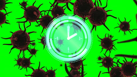 animation of clock and scope scanning over covid 19 cells on bright green background