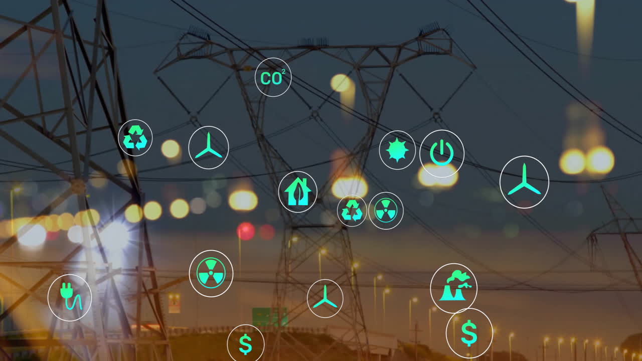 animación de la red de iconos ecológicos sobre la calle de la ciudad